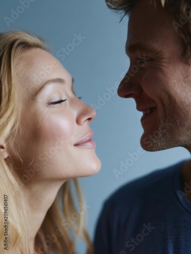 Couple enjoys a close moment sharing smiles in an indoor space during a warm afternoon