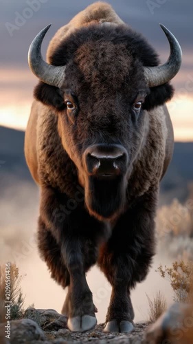 Wild bison walks down a dirt path in the plains during sunset in North America, showcasing wildlife in its natural habitat