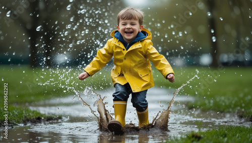 A happy little boy in a yellow raincoat jumping in a puddle with water splashes. active outdoor play, happy childhood memories, rainy weather lifestyle.