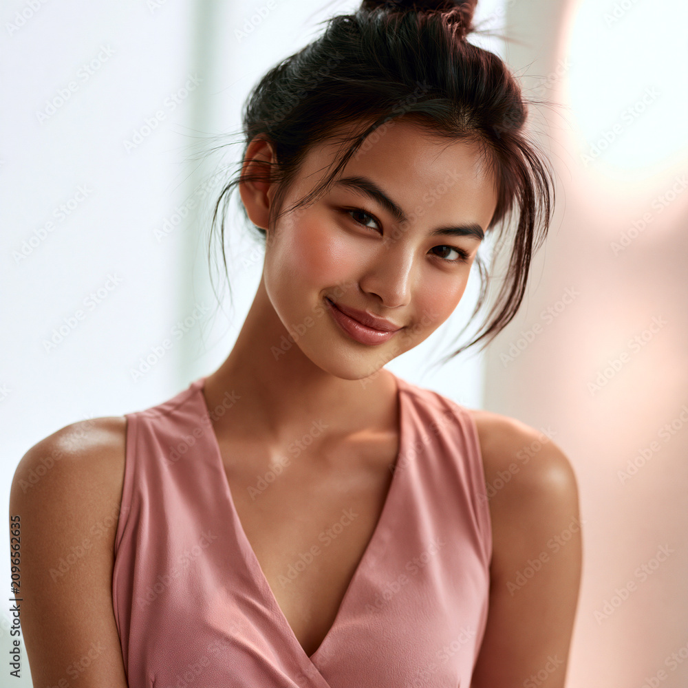 Fototapeta premium east asian woman with glowing skin in pink dress, radiant east asian beauty with natural makeup, smiling east asian woman in soft sunlight