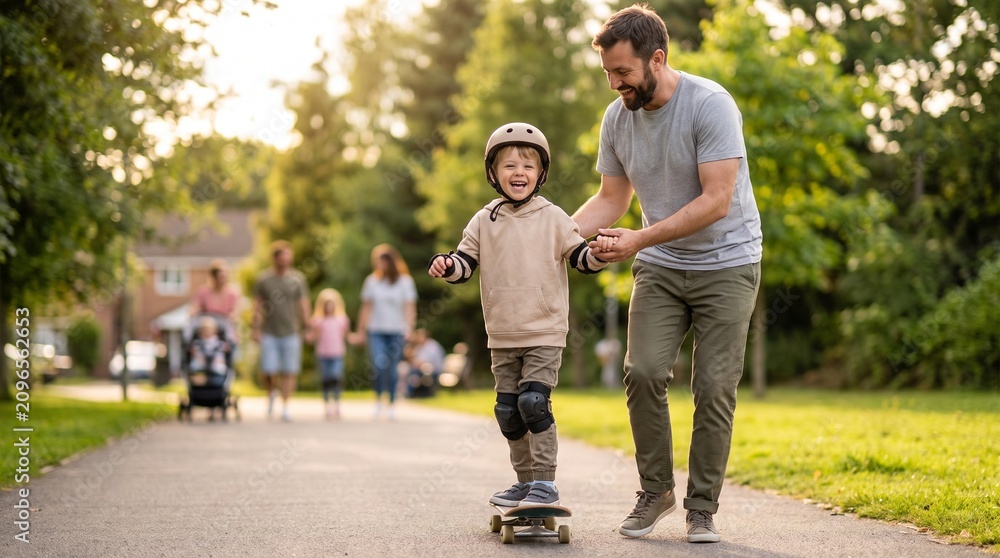 Fototapeta premium Father Teaching Son How to Ride a Skateboard