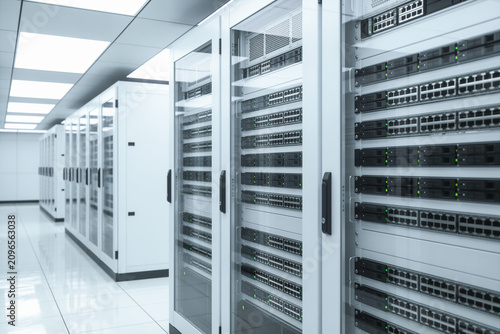 Photos Modern server room with rows of blinking network equipment and data storage rack