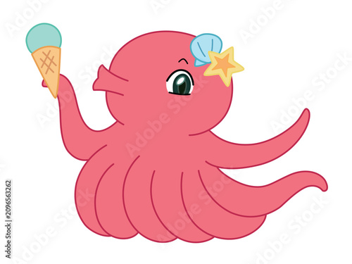 アイスクリームを持ったかわいいタコのイラスト
