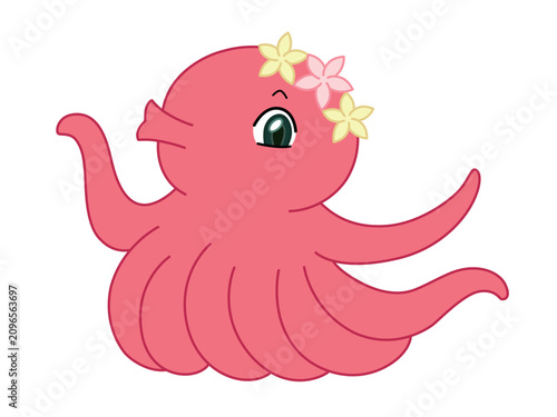 花飾りをつけたかわいいタコのイラスト