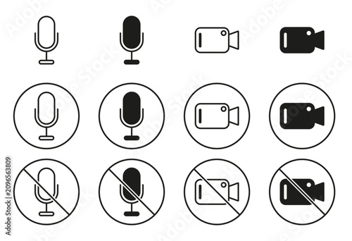Foto Microphone and camera icon collection featuring voice recording, mute, video call, and webcam control symbols