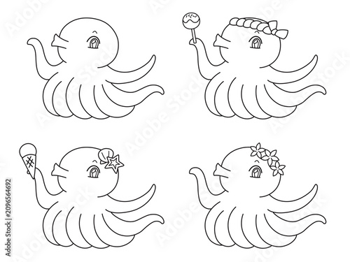 かわいいタコのイラストセット　線画
