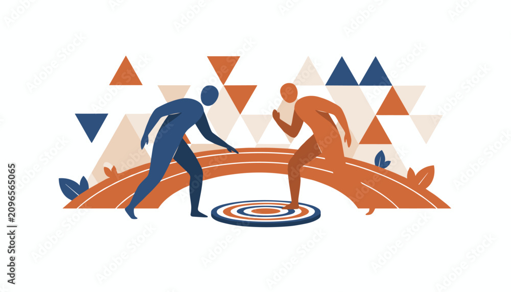 Fototapeta premium Two athletic figures engage with a circular target on a track against abstract triangular shapes in minimalist style.