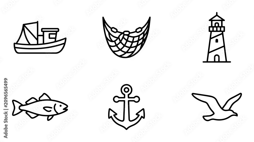 Fototapeta premium 6 Nautical Icons: Boat, Net, Lighthouse, Fish, Anchor, Seagull, outline solid styles, UI and web interface design