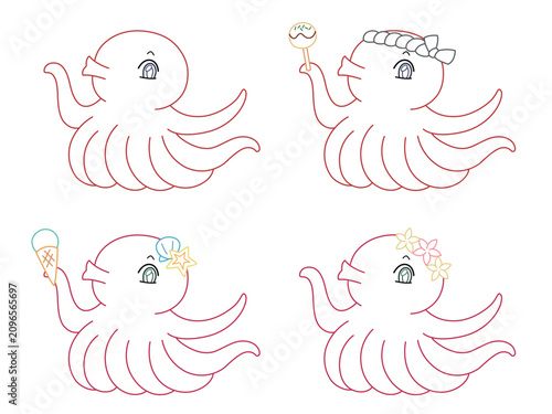 かわいいタコのイラストセット　カラー線画