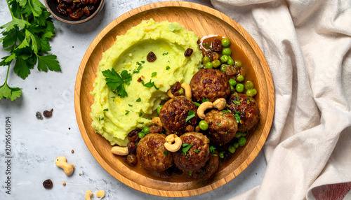 Overhead view of homemade meatballs served with creamy kohlrabi in a rich herb sauce and smooth potato and green pea mash. Garnished with sweet raisins and crunchy cashews, this rustic gourmet meal, 