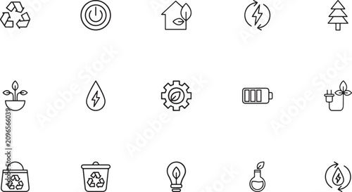 Eco Energy & Sustainability Icon Set, Eco friendly green energy and sustainability outline vector icon set featuring power buttons environmental houses water droplets and electrical batteries