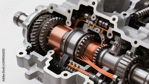 Electric motor cutaway showing copper wire coils and gear mechanisms in cross-section