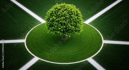 An overhead shot of a single lush green tree standing alone in the exact middle of a perfectly circular manicured lawn with radiating paths, vegetation, circular, composition