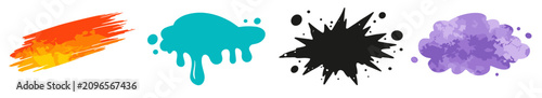 Collection of four paint splash and brush stroke illustrations in orange, teal, black and purple, perfect for artistic, grunge and creative design projects.