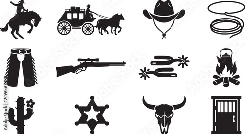 Cuadro en lienzo Collection of wild west black silhouettes featuring a cowboy on a bucking horse,