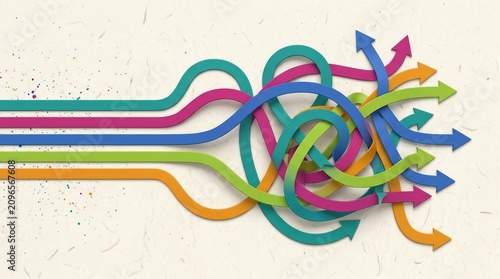 Change management process mapping represented by a colored arrow path diagram on a textured background.