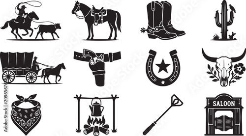 Fotografie Set of twelve black and white featuring iconic wild west imagery including a cow