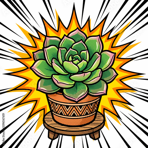 Vibrant comic-style succulent plant, potted green succulent, decorative terracotta pot, cartoon plant illustration