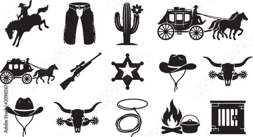 Quadro su tela Set of twelve black and white western themed showing a bucking bronco, a stageco