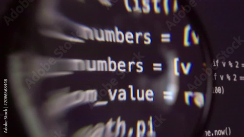 Close-up magnifying glass view of Python code lines on a dark screen with syntax symbols