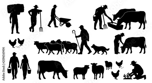 Obraz na płótnie Farm Silhouettes Collection: Rural Life, Agricultural Activities, Livestock, Far