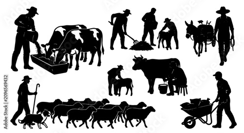Schilderij op canvas Farm Life Silhouettes: Agricultural Workers, Livestock, and Rural Activities, Ve