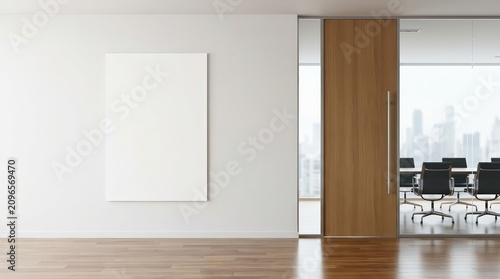 Vertical blank poster mockup on a clean office wall by a modern glass corridor with a corporate meeting room view and wooden door in a bright space.