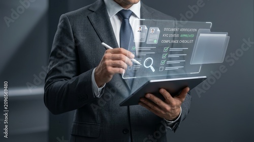 Businessman managing a digital compliance workflow using a smart document verification system.