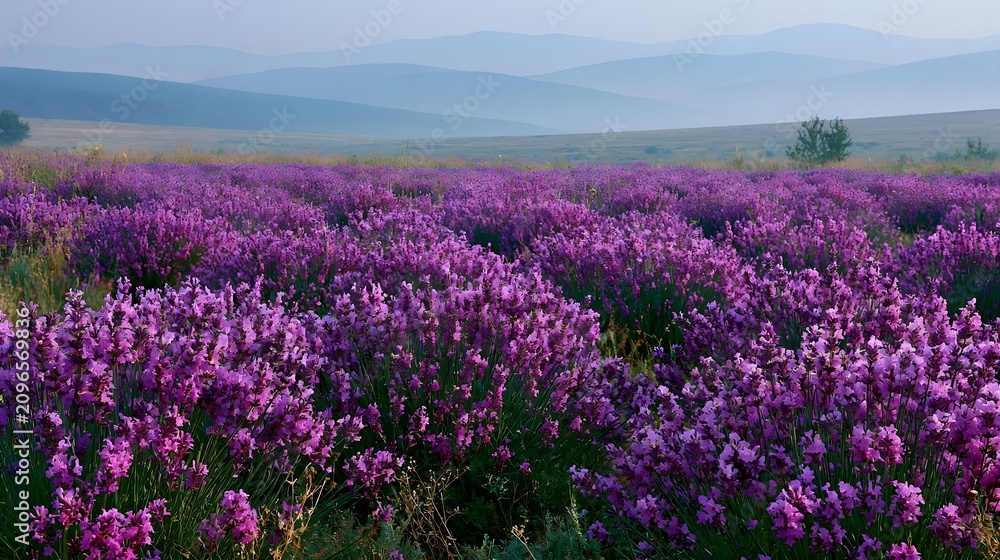 Fototapeta premium A vast expanse of vibrant purple flowering plants stretches across a serene landscape under a soft sky with layered hills fading into mist