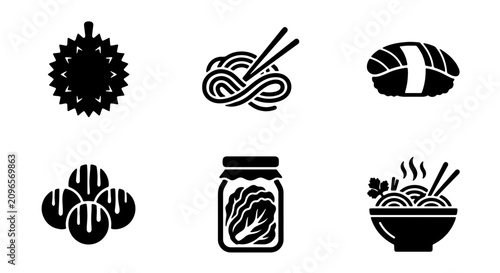 Quadro su tela Asian Food Icons: Durian, Noodles, Sushi, Dumplings, Kimchi, Ramen Set