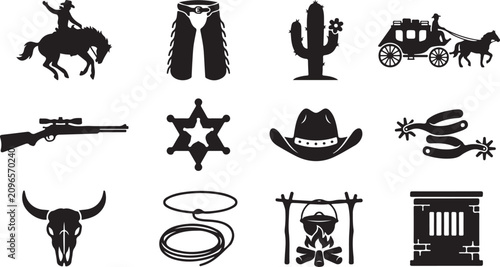 Quadro su tela Assorted black silhouette representing the american wild west with cowboys, hors