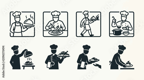 Collection of icons depicting chefs in various culinary activities, from serving dishes to preparing food with professional skill and care