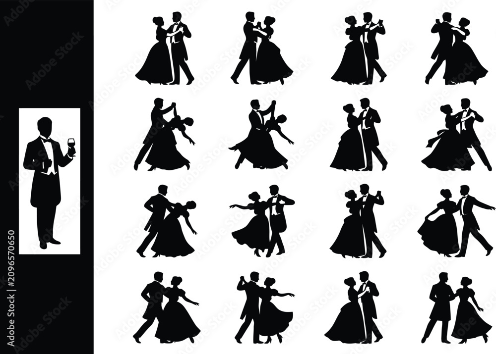 Fototapeta premium Black silhouettes of couples dancing and a waiter