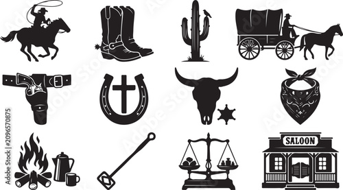 Fotografie Set of black silhouette representing the american old west with cowboy boots, ca