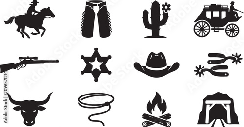 Фотография Wild west collection featuring black silhouettes of a cowboy on a horse, leather