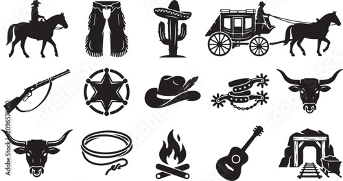 Photos Wild west set featuring black silhouettes of a cowboy on horseback, stagecoach,