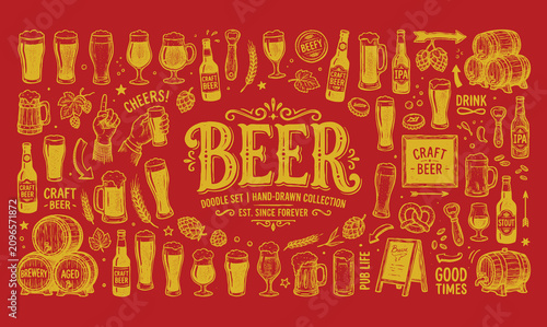 Принти на полотні Vintage beer lettering typography design with hand drawn brewery doodles set