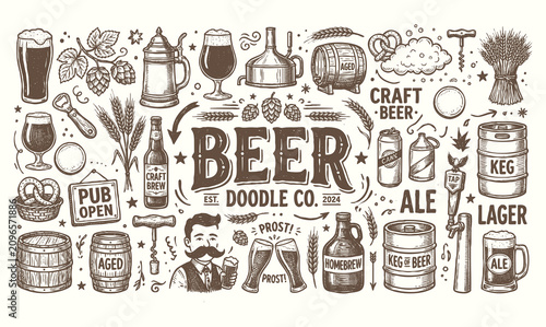 Φωτογραφία Vintage beer lettering typography design with hand drawn brewery doodles set