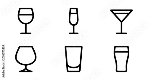 Tableau sur toile Minimalist Drinkware Icons Set: Wine, Champagne, Martini, Brandy, Highball, Pint Glasses