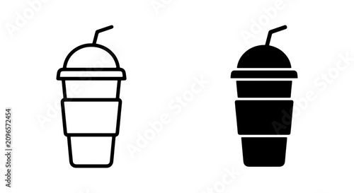 Photos Two stylized vector icons of a disposable coffee cup with lid and straw, one outline and one solid black, representing beverages and refreshment