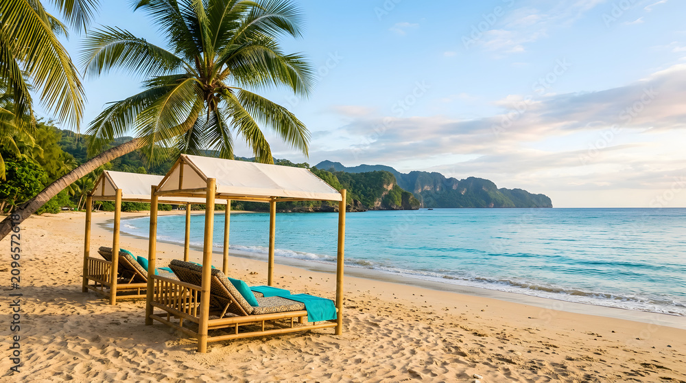 Fototapeta premium Beach scene with palm tree and cabanas near turquoise ocean waves on sandy shore