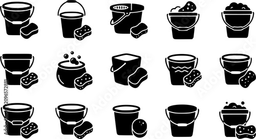 Bucket Silhouette Icons – Sponge Cleaning Tool Vector Bundle