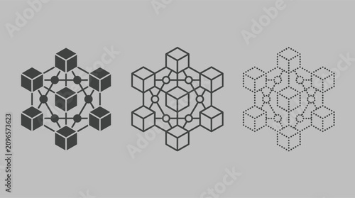 Blockchain Technology Icons and Decentralized Network Cube Structures for Cryptocurrency, Fintech and Data Architecture UI