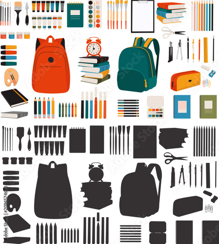 Everything for school silhouette set, vector collection