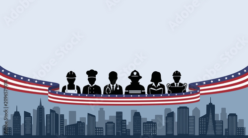 American workers silhouettes with patriotic flag ribbon and city skyline