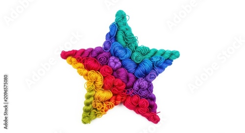 A creative craft display featuring a star shape silhouette filled with textured colorful wool yarn placed on a white background surface, arrangement, simple, composition