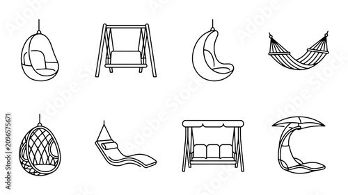 Fotografie Outdoor Furniture Icons: Hanging Chairs, Swings, Hammocks, Loungers, Vector Set