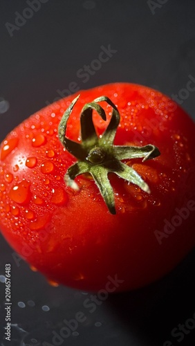 Canvas Print Fresh Tomato with Water Drops on Black Background