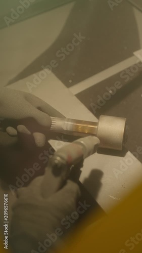 Worker performs precision sandblasting of a metal product. Metal product manufacturing concept.