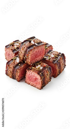 Perfectly grilled and seasoned beef cubes, cut into appetizing chunks, isolated cleanly on a pure white background, showcasing texture and color, marinated, macro, protein